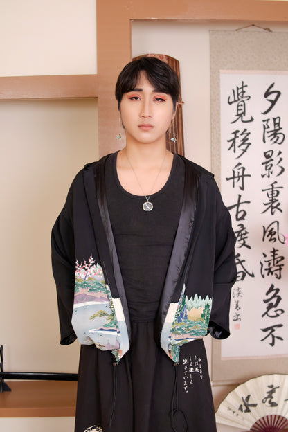 Upcycled Kimono Regular Hoodie Black