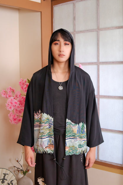 Upcycled Kimono Regular Hoodie Black