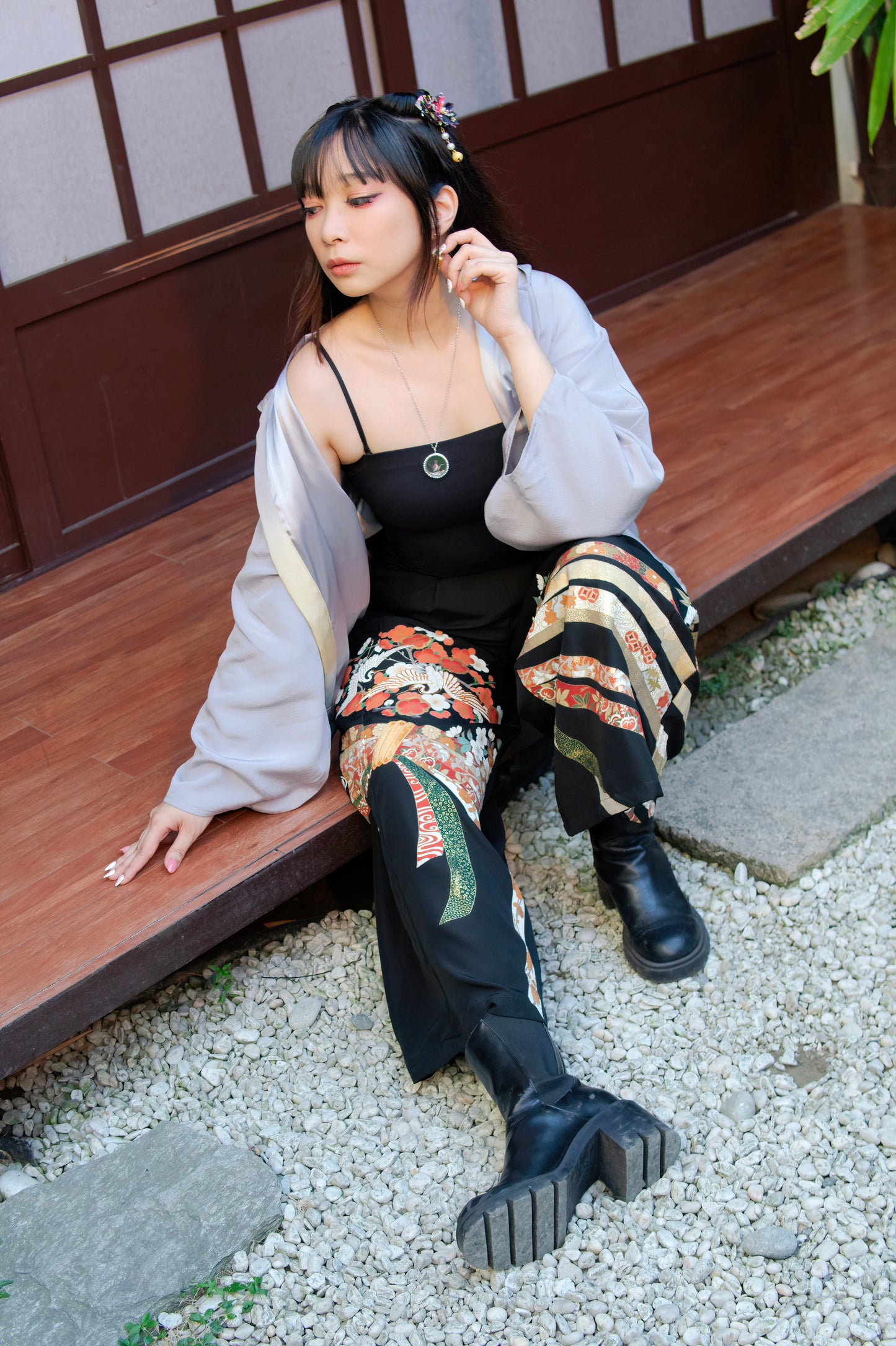 Palazzo Pants size M Petite Upcycled Kimono Black Fan