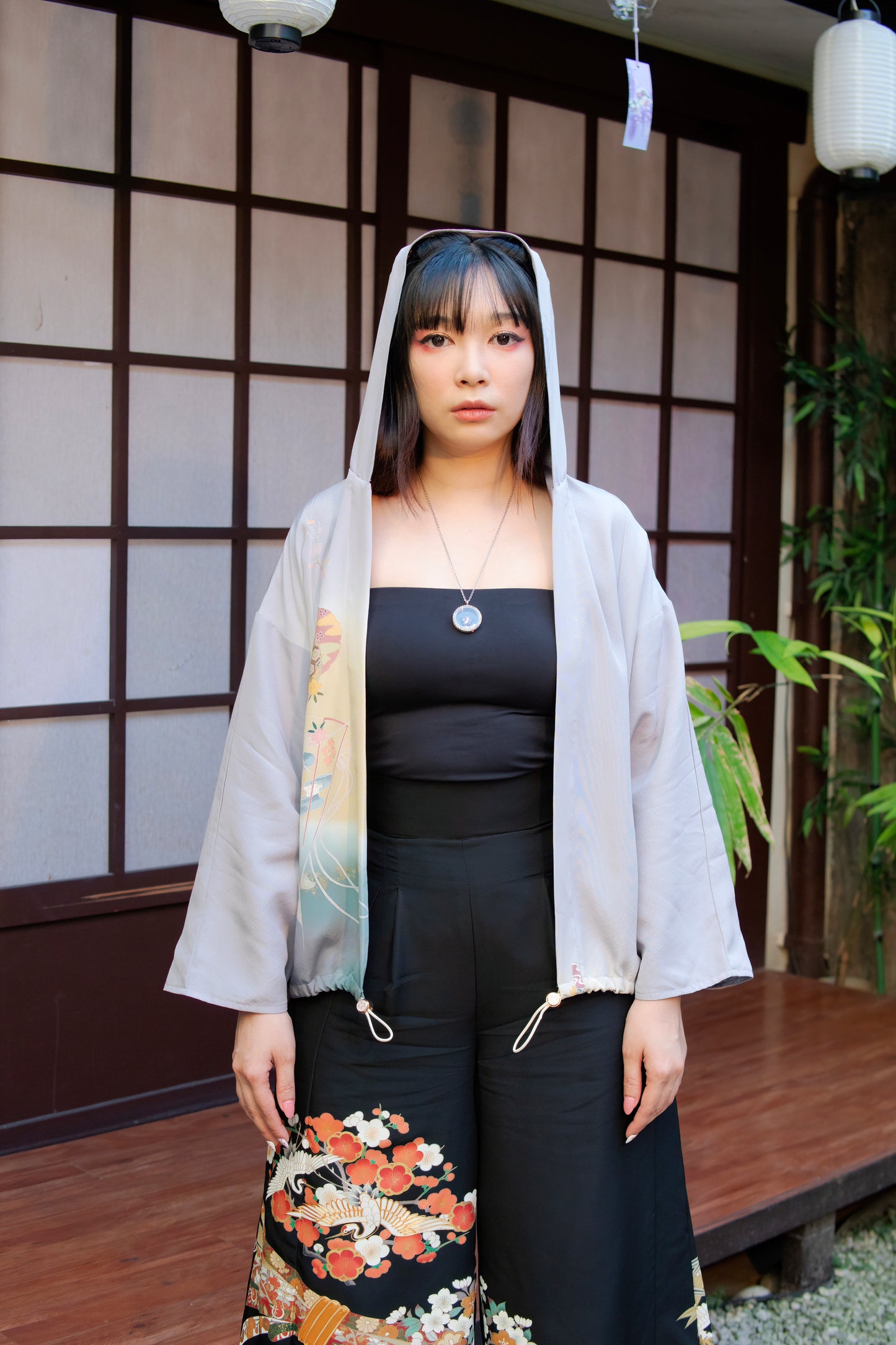 Upcycled Kimono Cropped Hoodie Blue