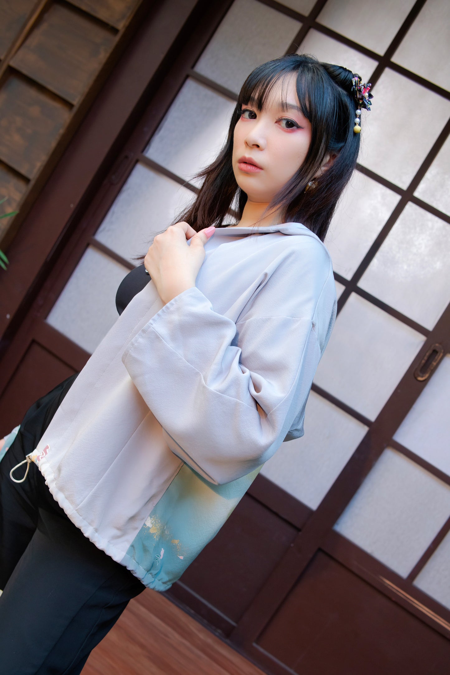 Upcycled Kimono Cropped Hoodie Blue