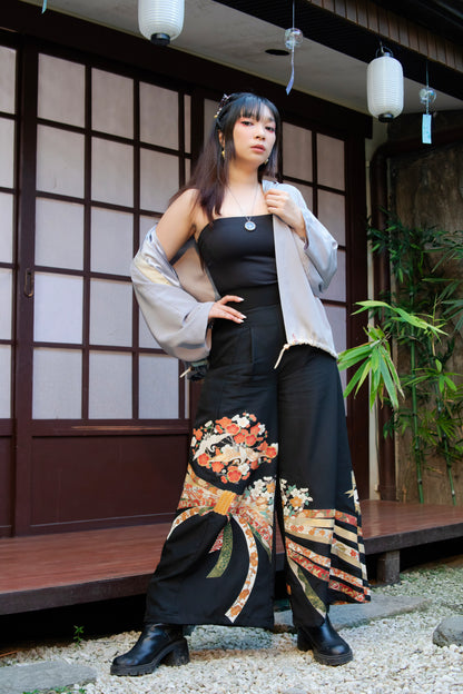 Palazzo Pants size M Petite Upcycled Kimono Black Fan