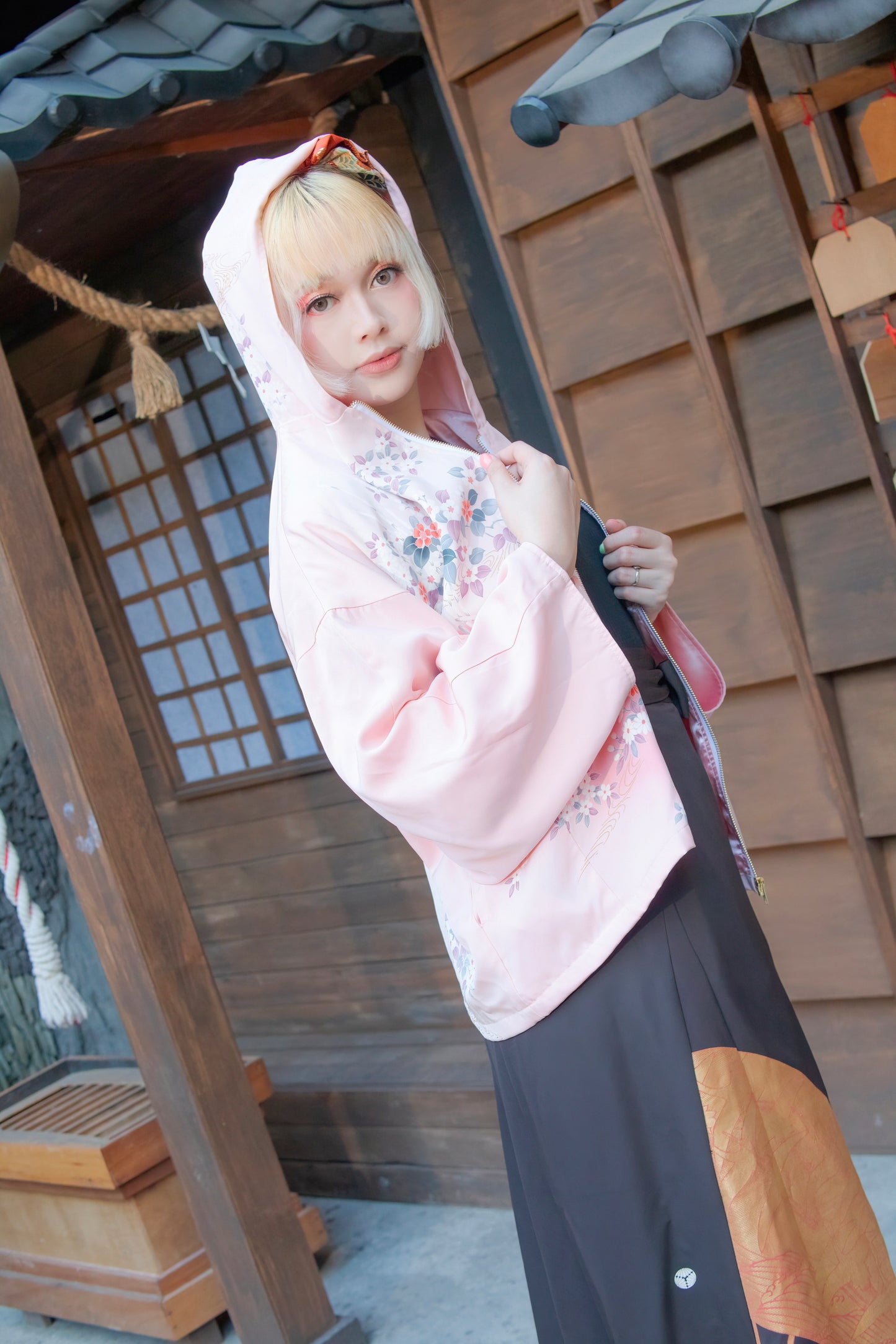 Upcycled Kimono Hoodie with Zipper Cream