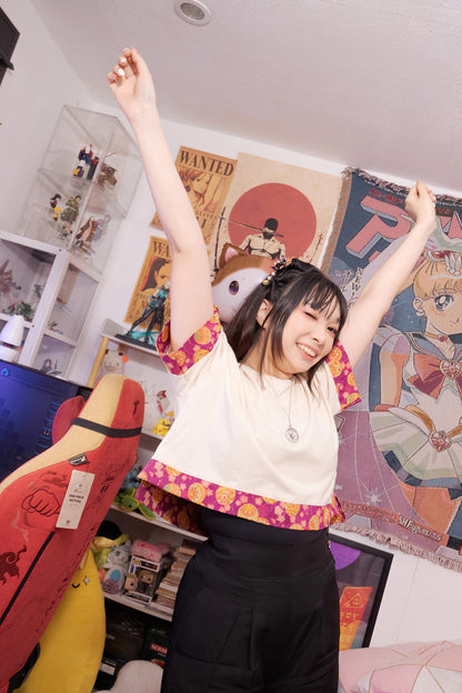 Model wearing the croptop t-shirt boxy fit with traditional Japanese fabric trim