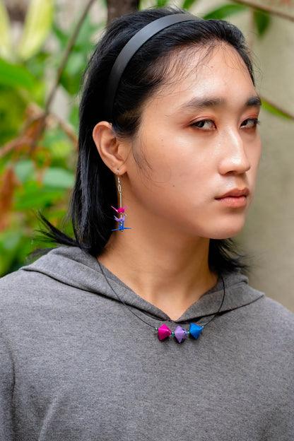 Bisexual Mini Crane LGBTQ Origami Earrings – detail view | Leverras Art