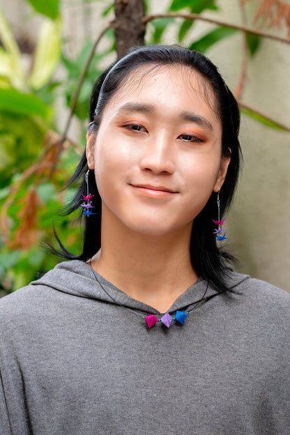 Bisexual Mini Crane LGBTQ Origami Earrings – detail view | Leverras Art