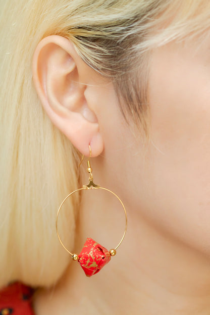 Sonobe Origami Red Creole Earrings