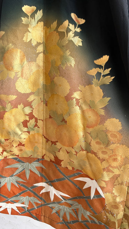 Palazzo Pants Upcycled Kimono Black Autumn gold painted