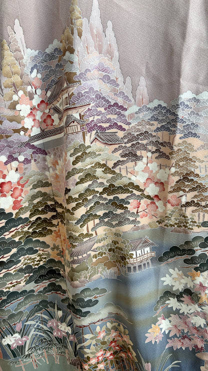 Wrap Skirt Upcycled Kimono Lavender Landscape