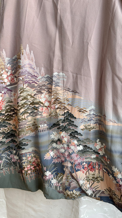 Wrap Skirt Upcycled Kimono Lavender Landscape