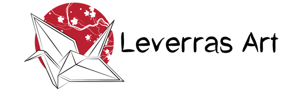 Logo of Leverras Art with a stylized paper crane and red circle on a white background