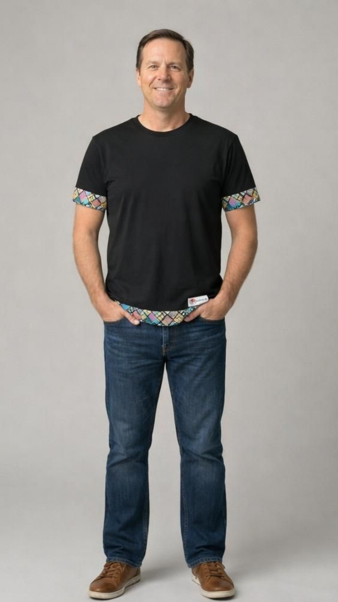 European Male Model wearing unisex regular fit t-shirt with traditional japanese fabric and japanese pattern made by Leverras Art