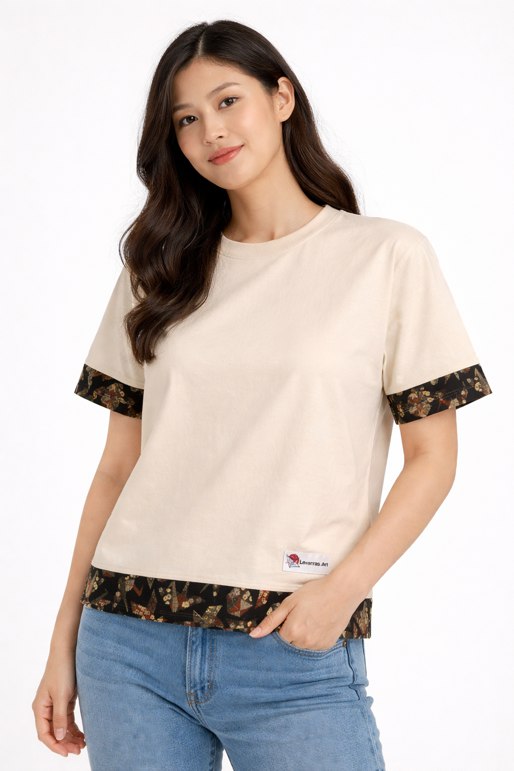 Asian Model wearing unisex regular fit t-shirt with traditional japanese fabric and japanese pattern made by Leverras Art