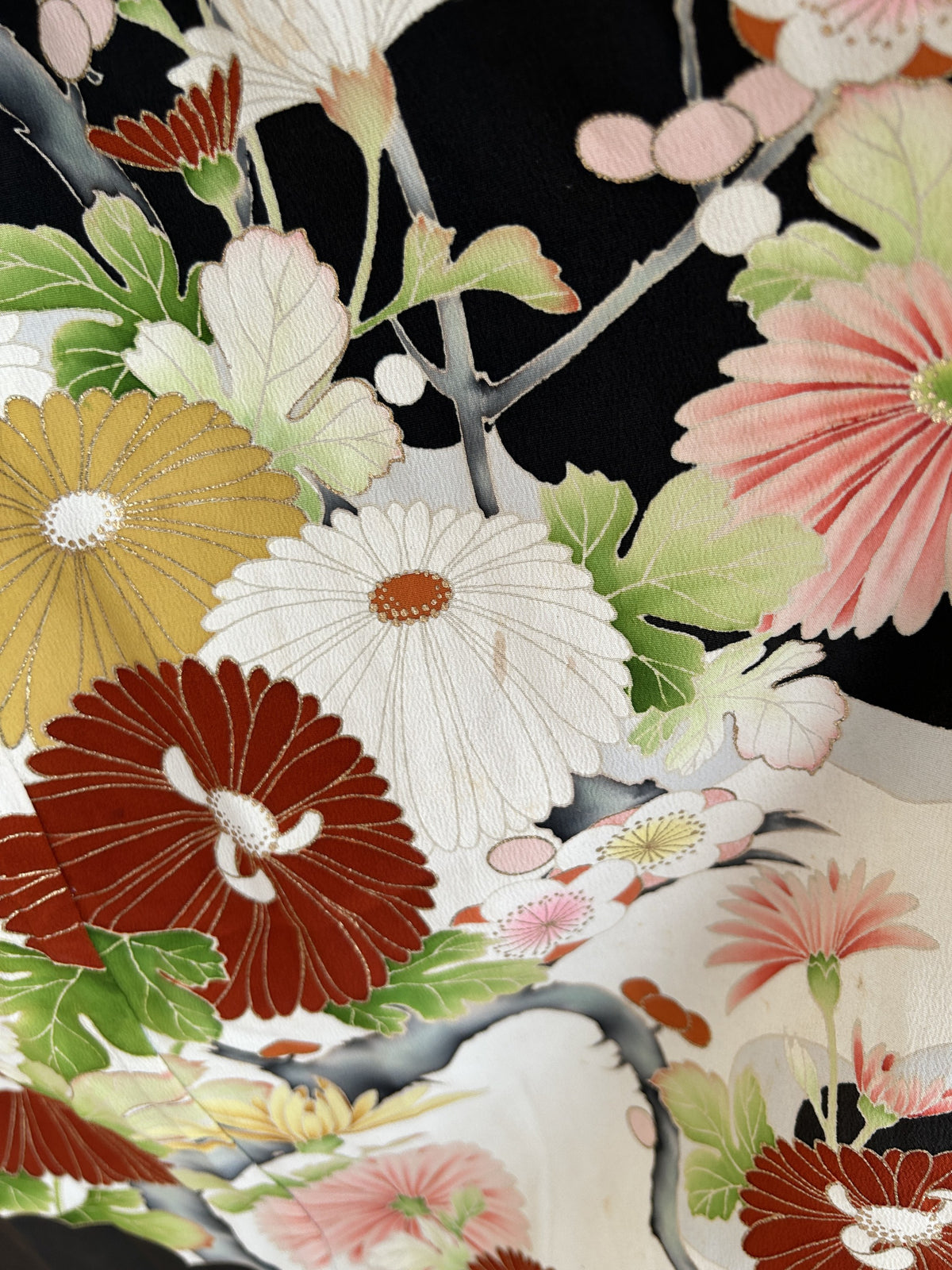 Black kimono dress, detail of red, white and yellow chrysanthemums