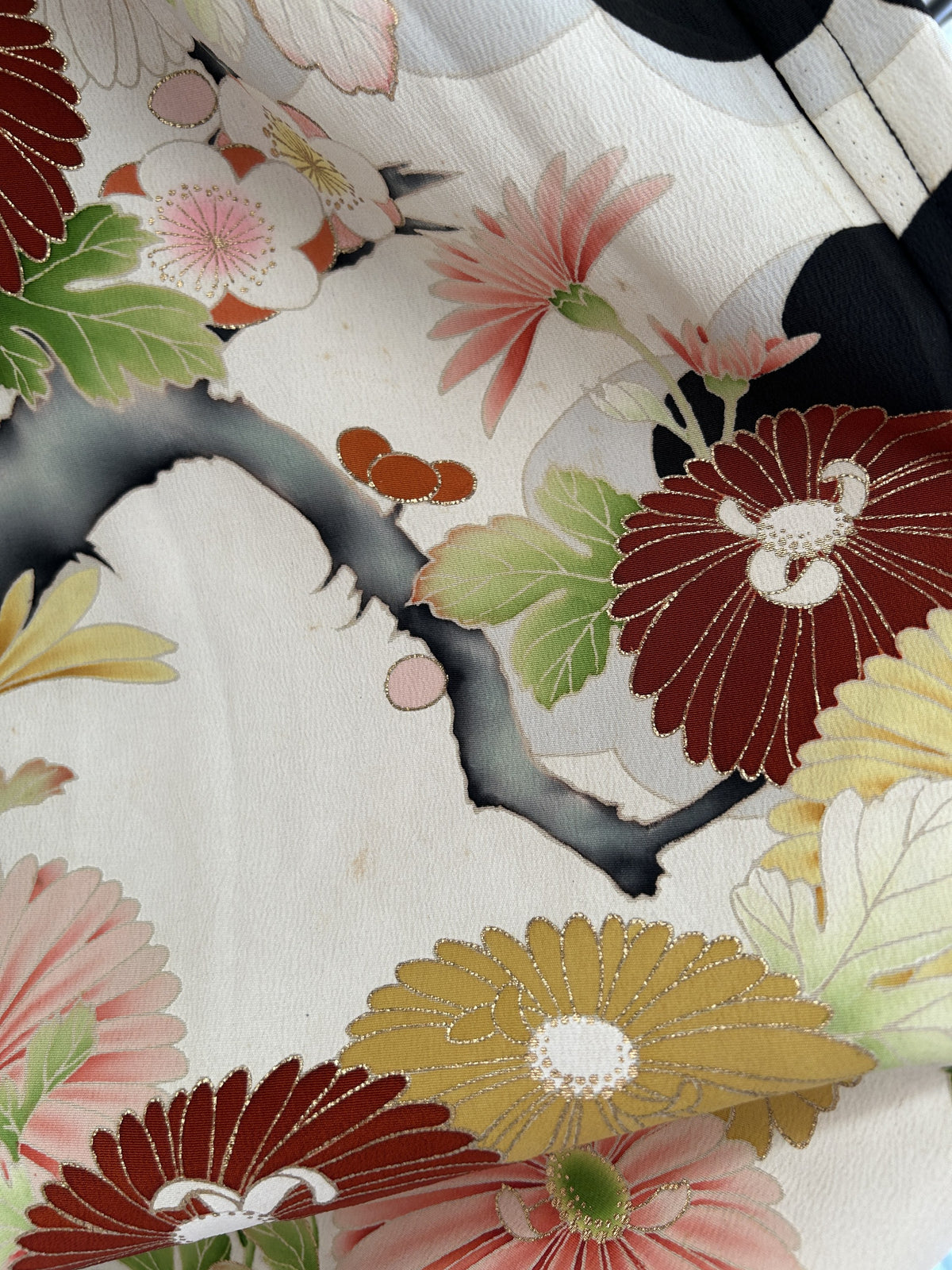 Black kimono dress, detail of chrysanthemums and grey branch on white ground