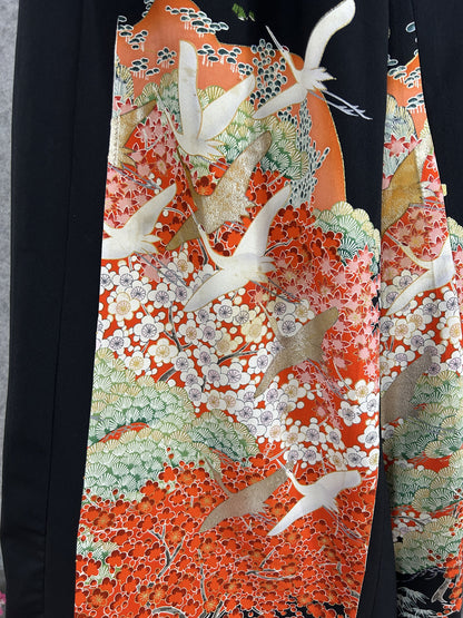 Black upcycled kimono palazzo pants, detail of white cranes, plum blossoms and pine
