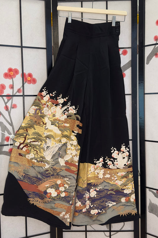 Palazzo Pants (Waist 58-66 cm) Upcycled Kimono Black