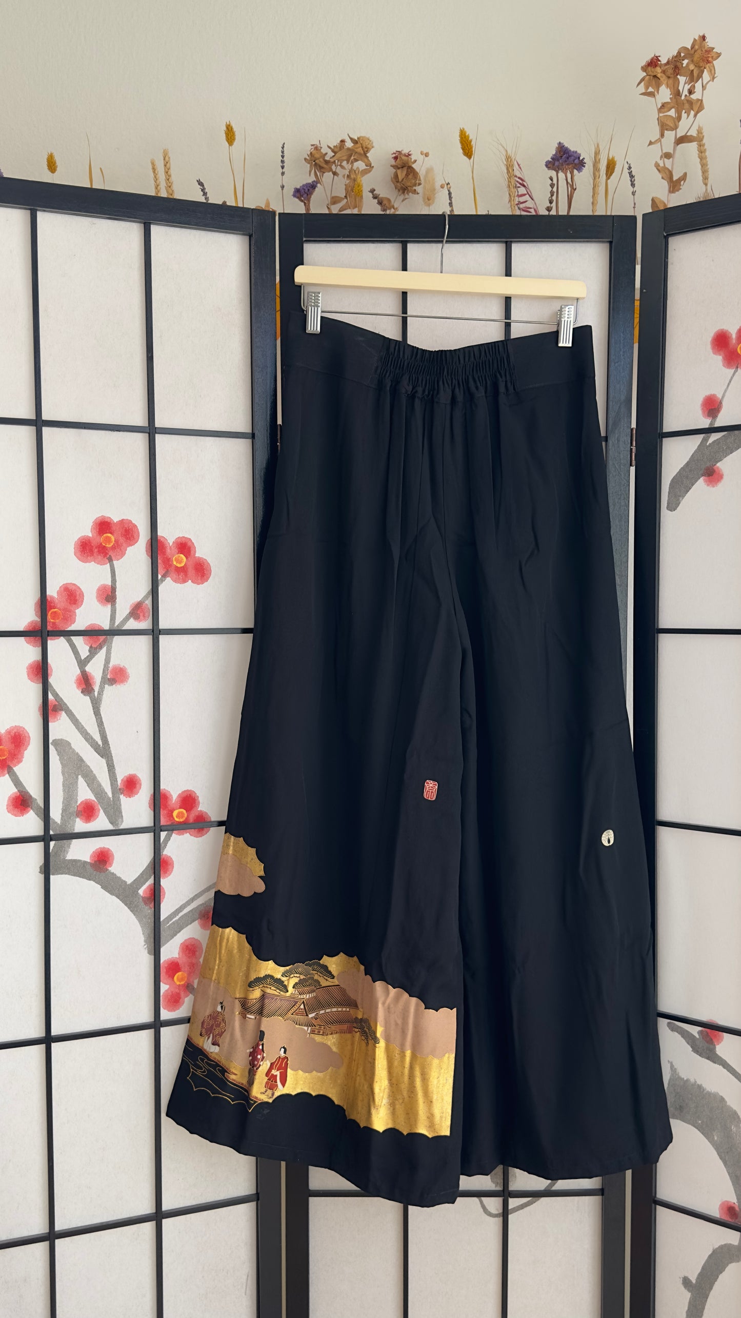 Palazzo Pants (Waist 78-86 cm) Upcycled Kimono Black