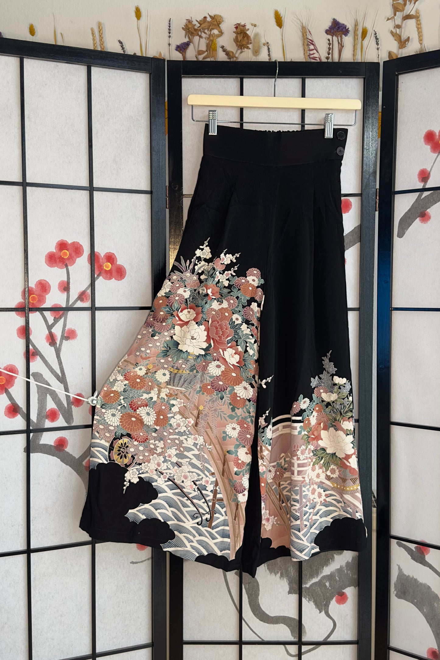 Palazzo Pants (Waist 63-71 cm) Upcycled Kimono Black