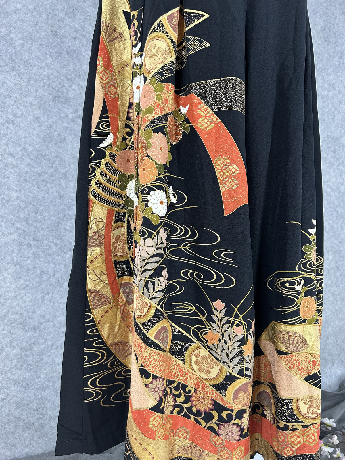 Black upcycled kimono palazzo pants, detail of gold bands, chrysanthemums and water lines