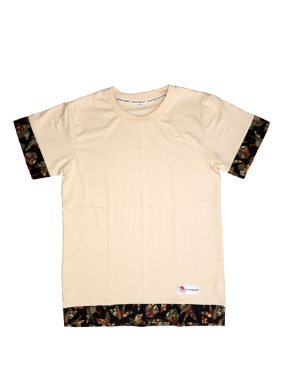 Beige unisex regular fit t-shirt with traditional japanese fabric and japanese pattern made by Leverras Art
