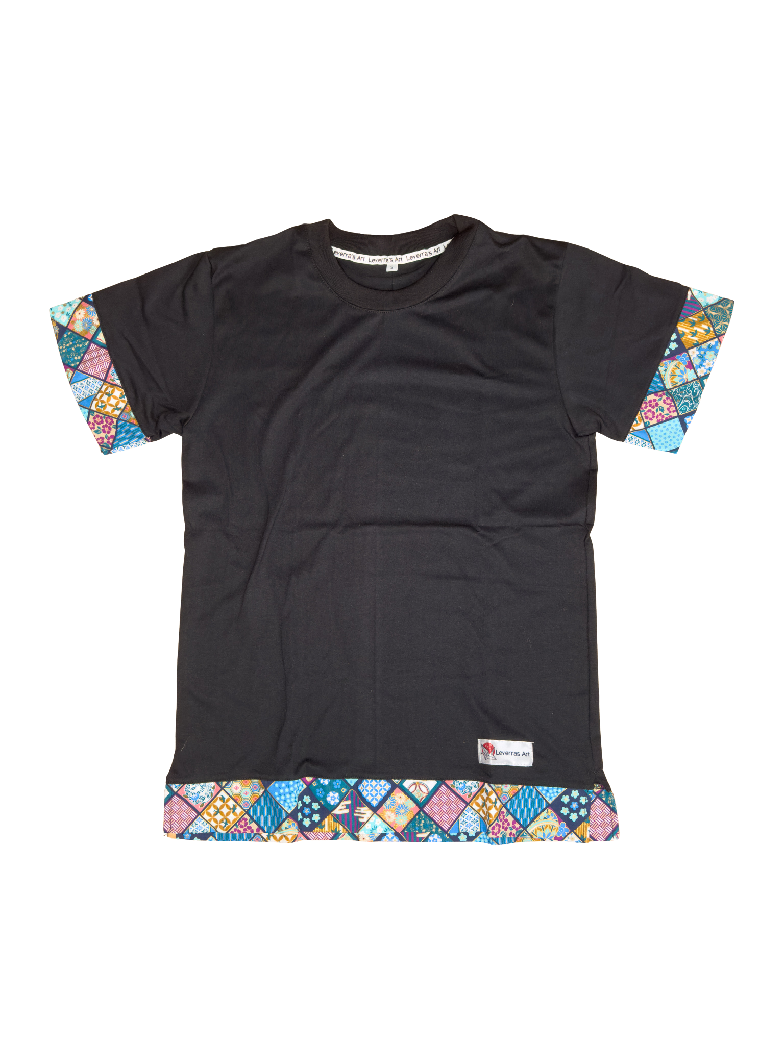 Black unisex regular fit t-shirt with traditional japanese fabric and japanese pattern made by Leverras Art
