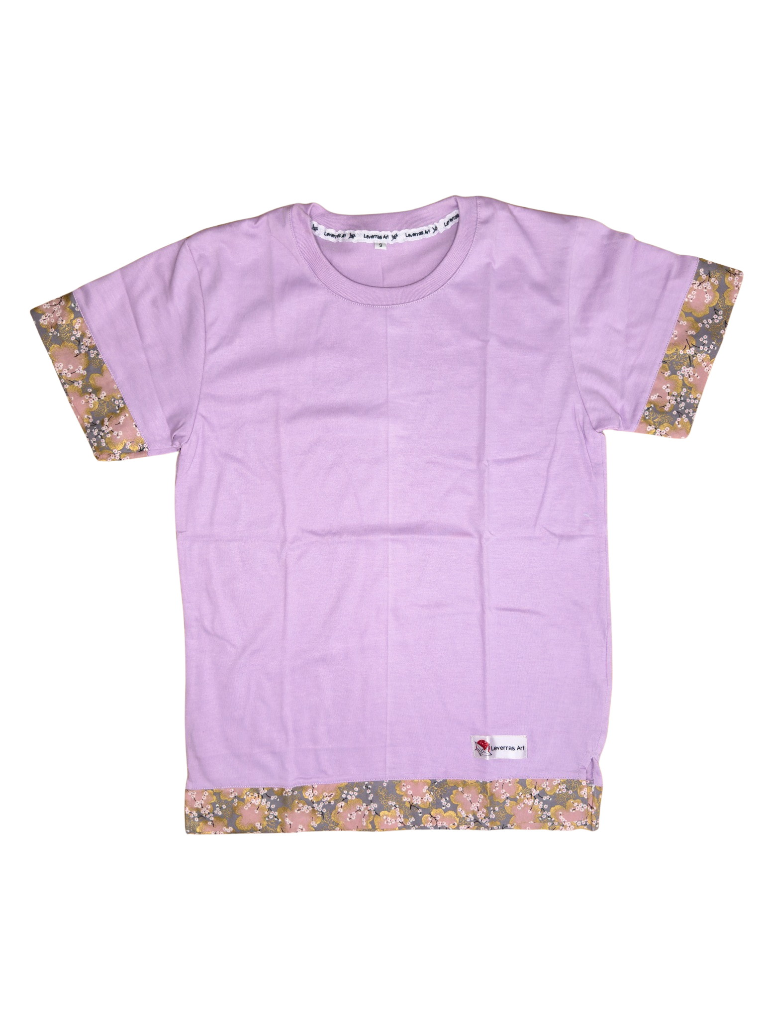 Lilac unisex regular fit t-shirt with traditional japanese fabric and japanese pattern made by Leverras Art