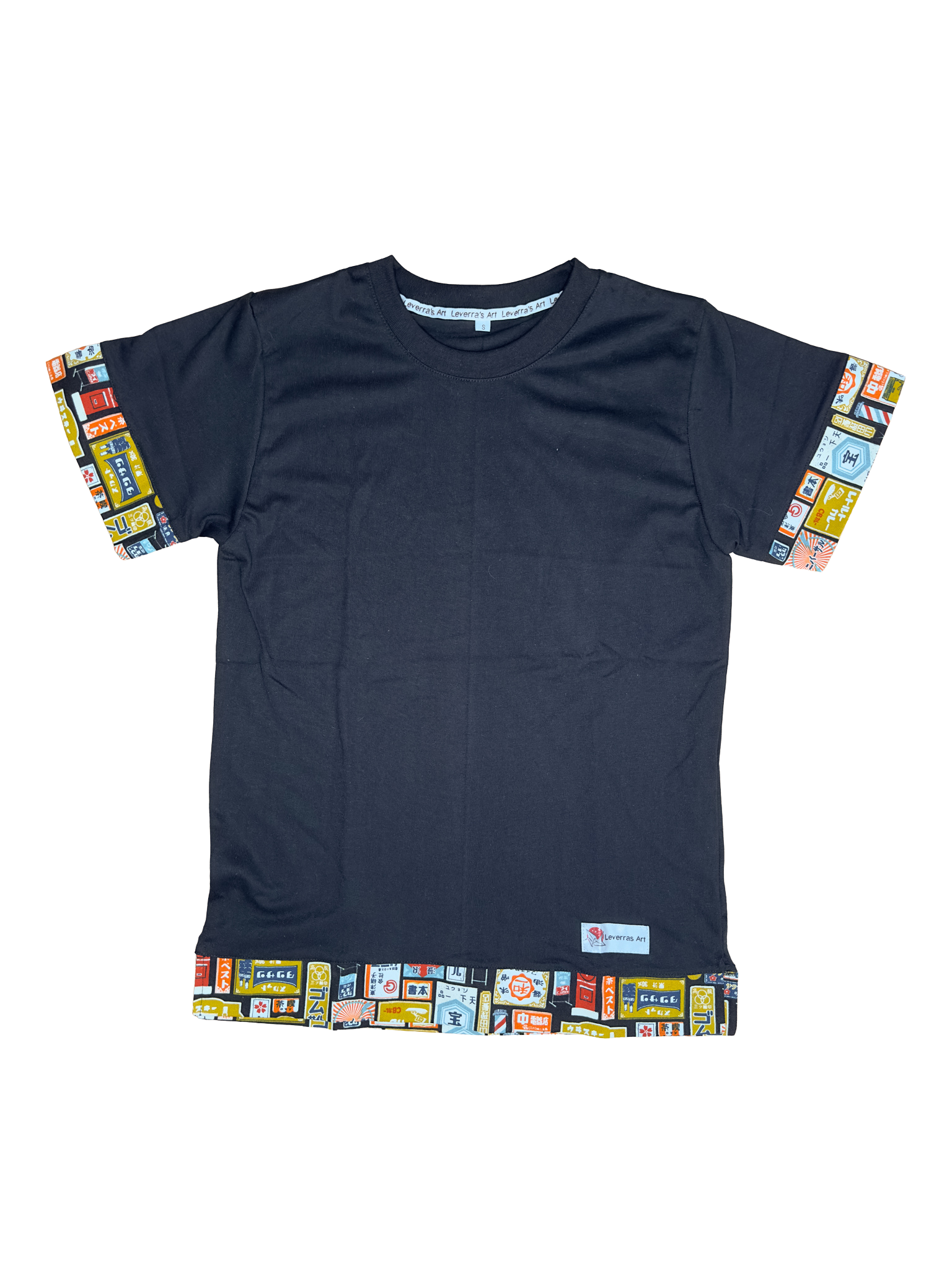 Black unisex regular fit t-shirt with traditional japanese fabric and japanese pattern made by Leverras Art