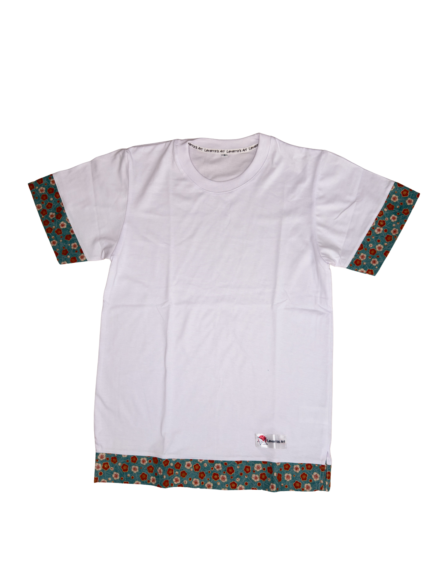 White unisex regular fit t-shirt with traditional japanese fabric and japanese pattern made by Leverras Art