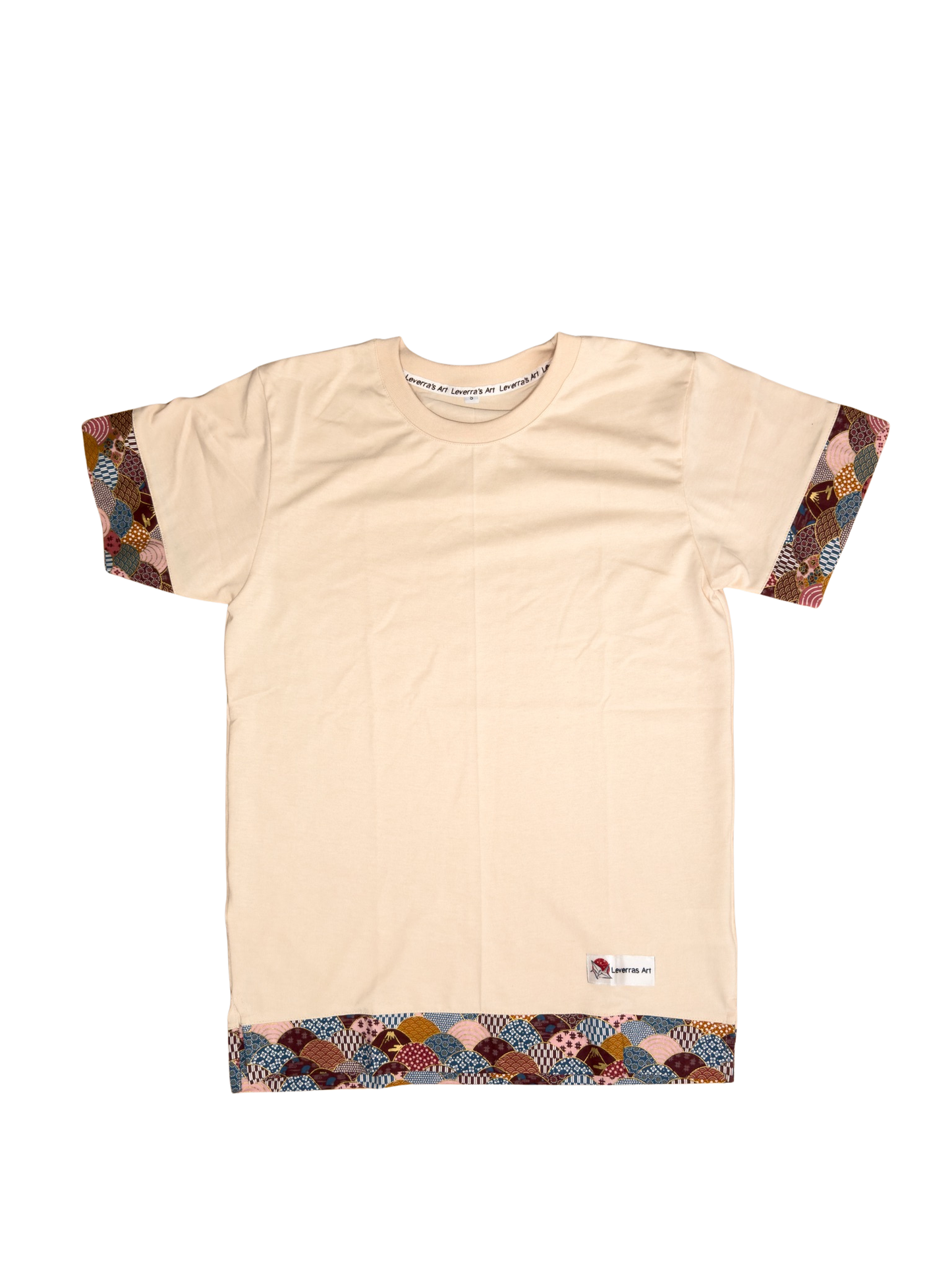 Beige unisex regular fit t-shirt with traditional japanese fabric and japanese pattern made by Leverras Art