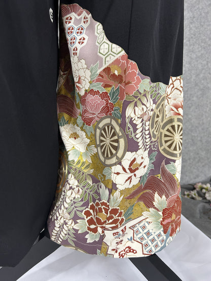 Black upcycled tomesode kimono wide leg pants with gold wheels and peonies on mauve, back view
