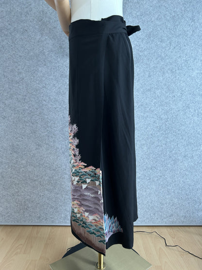 Black kimono wrap skirt with tie at the waist, side view