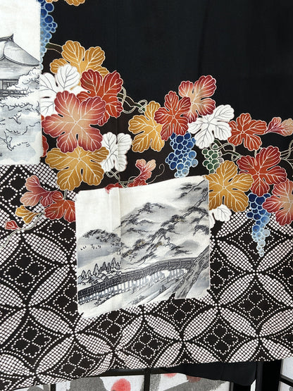 Black kimono wrap skirt, detail of mountain scene, leaves and dotted pattern