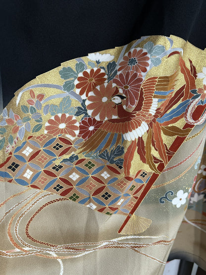 Black kimono wrap skirt, close-up of bird, chrysanthemums and patterned fan