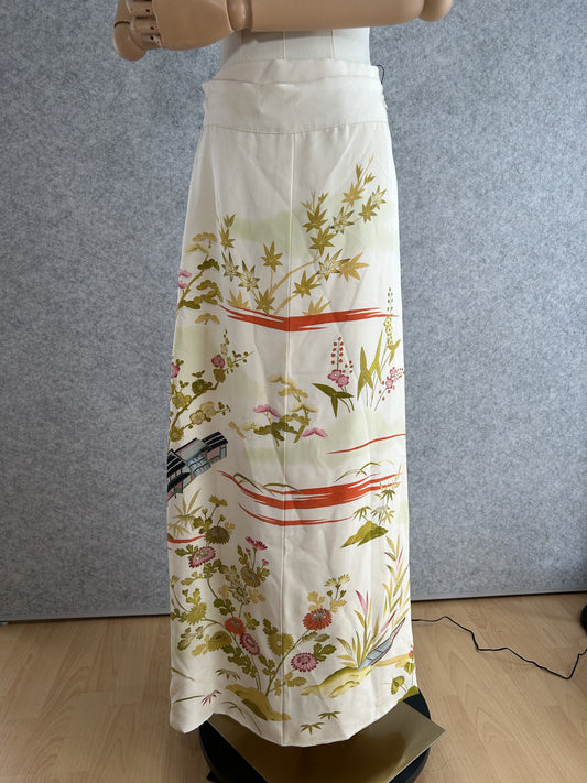 Cream kimono wrap skirt with maple leaves and flowers, full view on mannequin