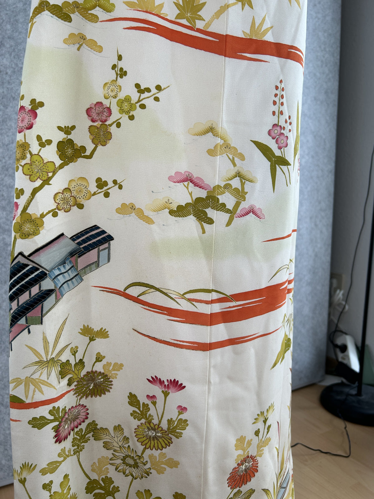 Cream wrap skirt, detail of plum blossoms, small house and orange streaks