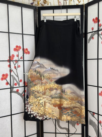Black kimono wrap skirt with painted mountain landscape, full view