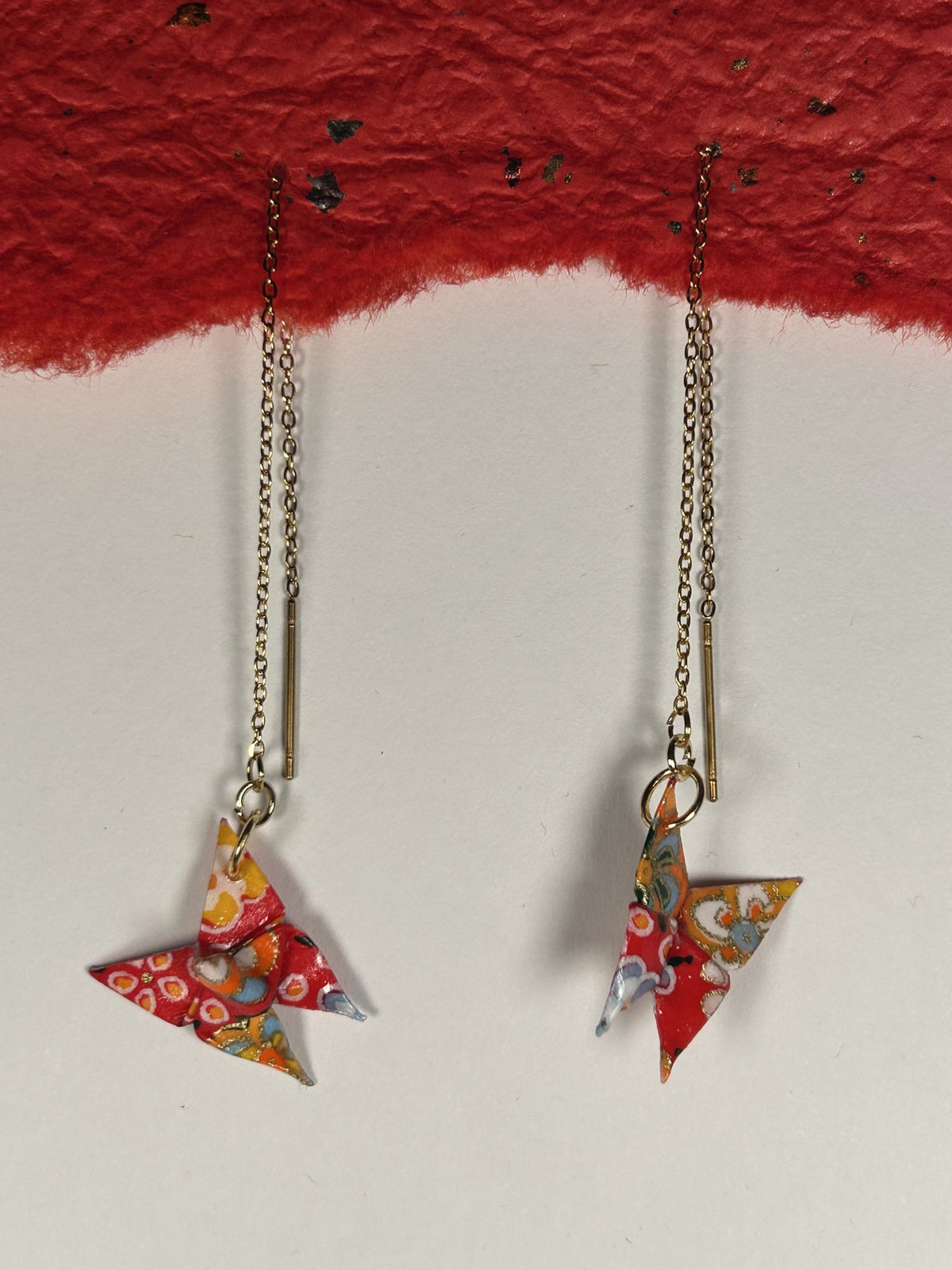 Mini Butterfly Chain Origami Earrings Gold – Pattern 1, red and orange, 18k gold plated chain