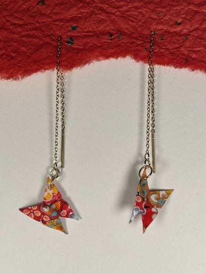 Mini Butterfly Chain Origami Earrings Gold – Pattern 1, red and orange, 18k gold plated chain