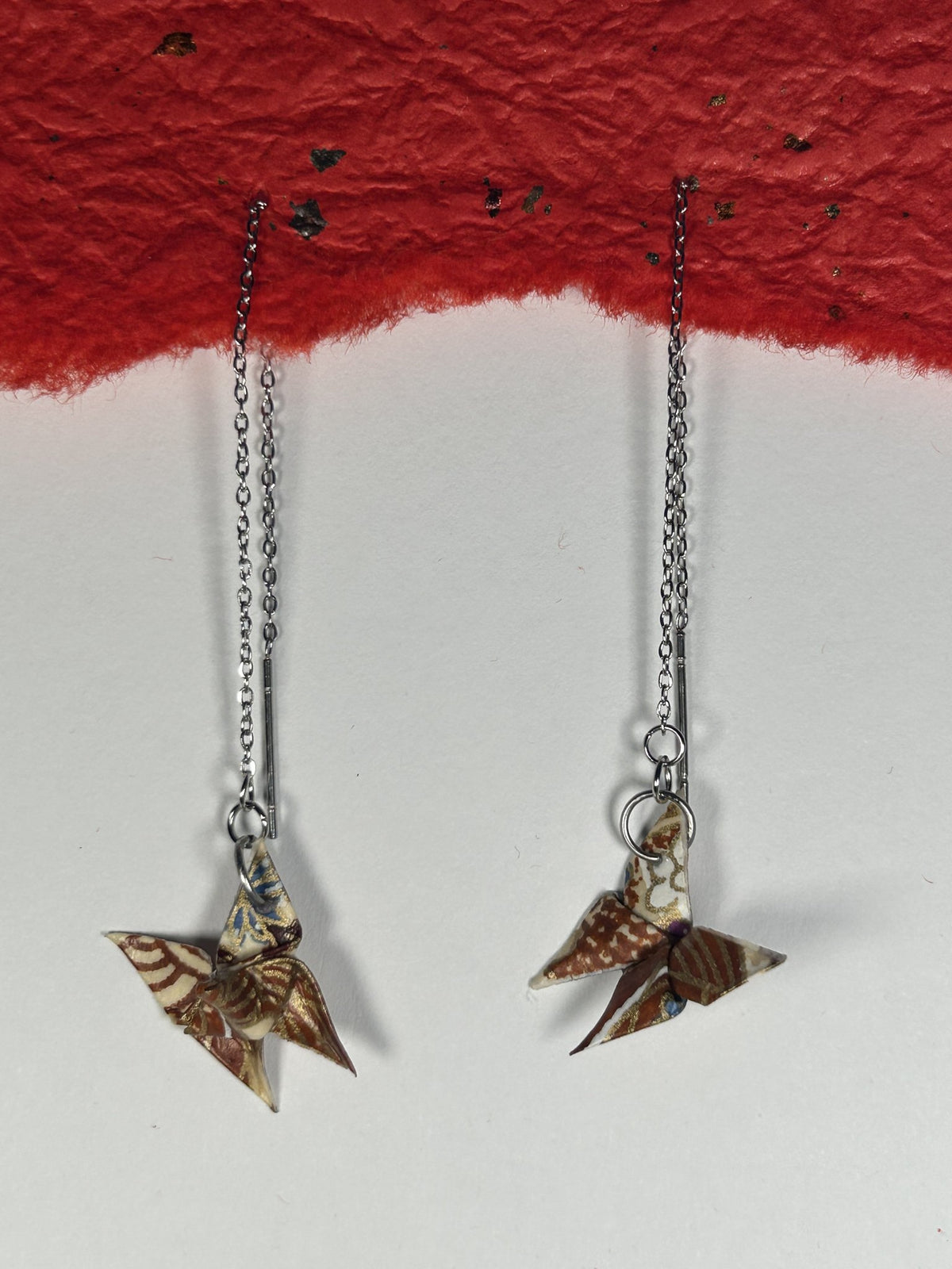 Mini Butterfly Chain Origami Earrings Silver – Pattern 1, brown, stainless steel chain