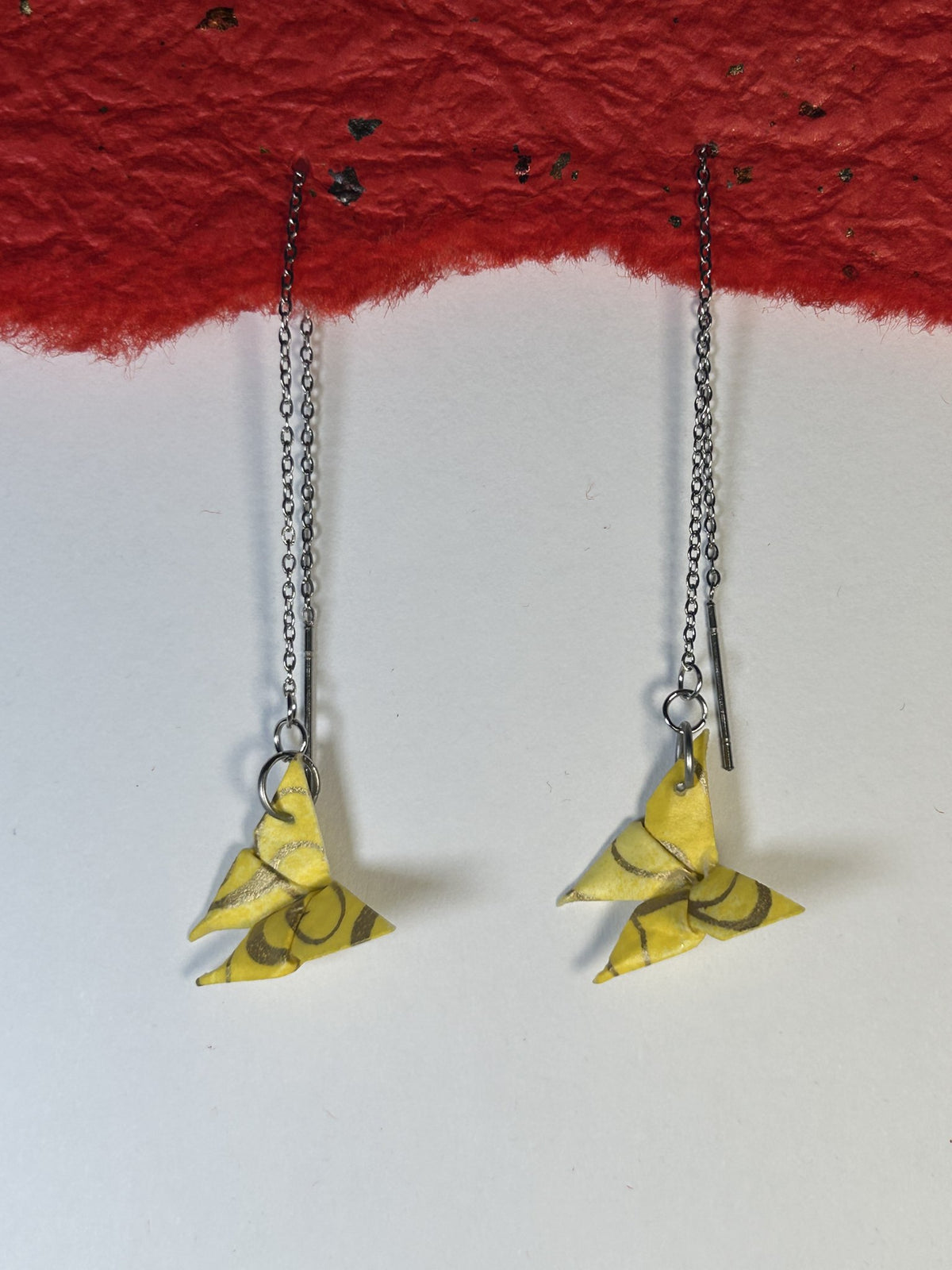 Mini Butterfly Chain Origami Earrings Silver – Pattern 2, yellow, stainless steel chain