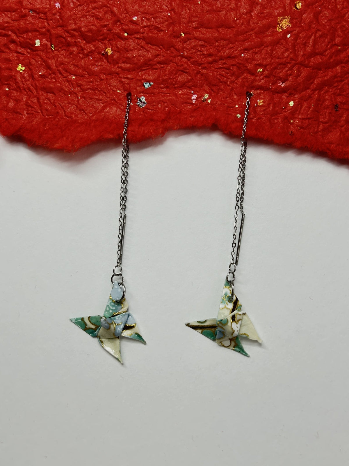 Mini Butterfly Chain Origami Earrings Silver – Pattern 4, teal and cream, stainless steel chain