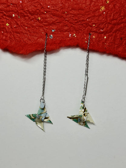 Mini Butterfly Chain Origami Earrings Silver – Pattern 4, teal and cream, stainless steel chain
