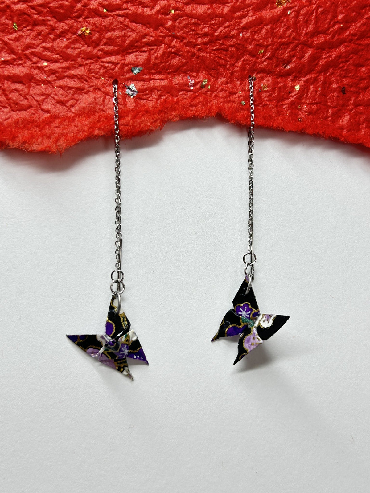 Mini Butterfly Chain Origami Earrings Silver – Pattern 5, black and purple, stainless steel chain