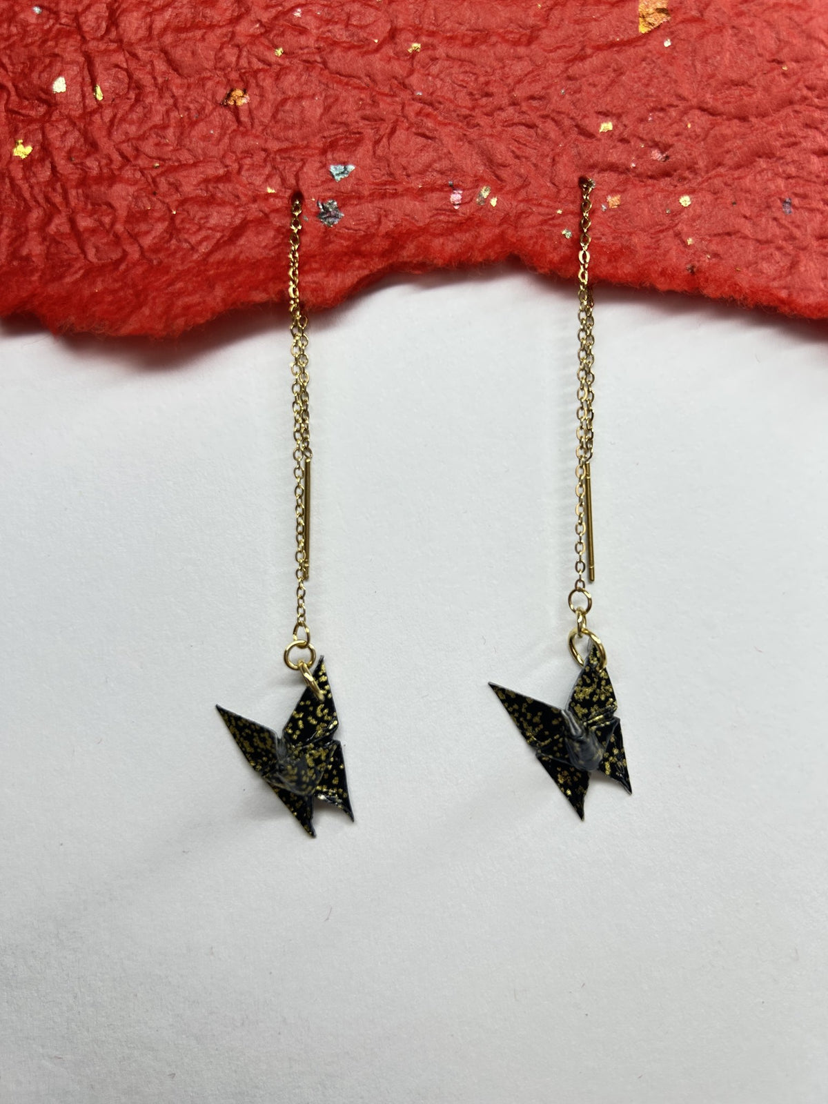 Mini Butterfly Chain Origami Earrings Gold – Pattern 2, black and gold, 18k gold plated chain