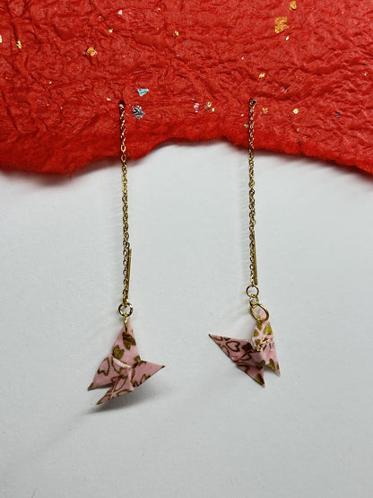 Mini Butterfly Chain Origami Earrings Gold – Pattern 3, pink, 18k gold plated chain