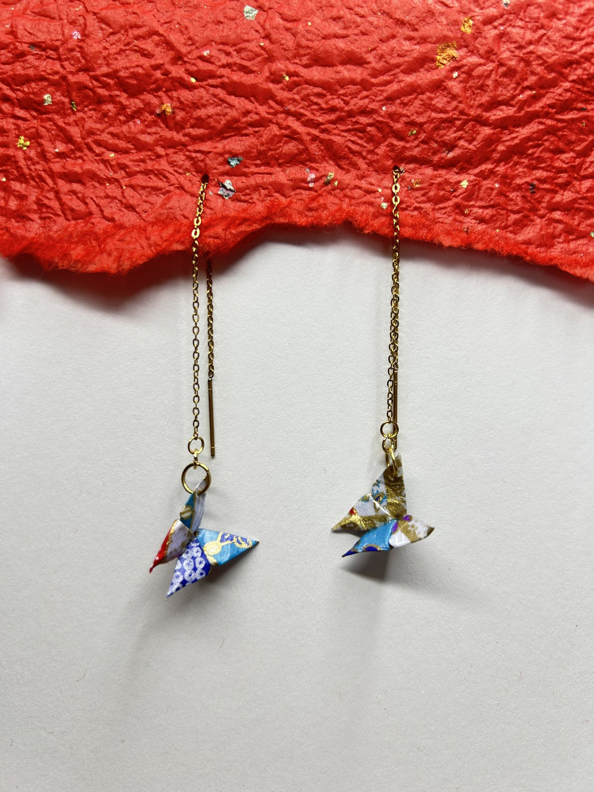 Mini Butterfly Chain Origami Earrings Gold – Pattern 4, blue, 18k gold plated chain