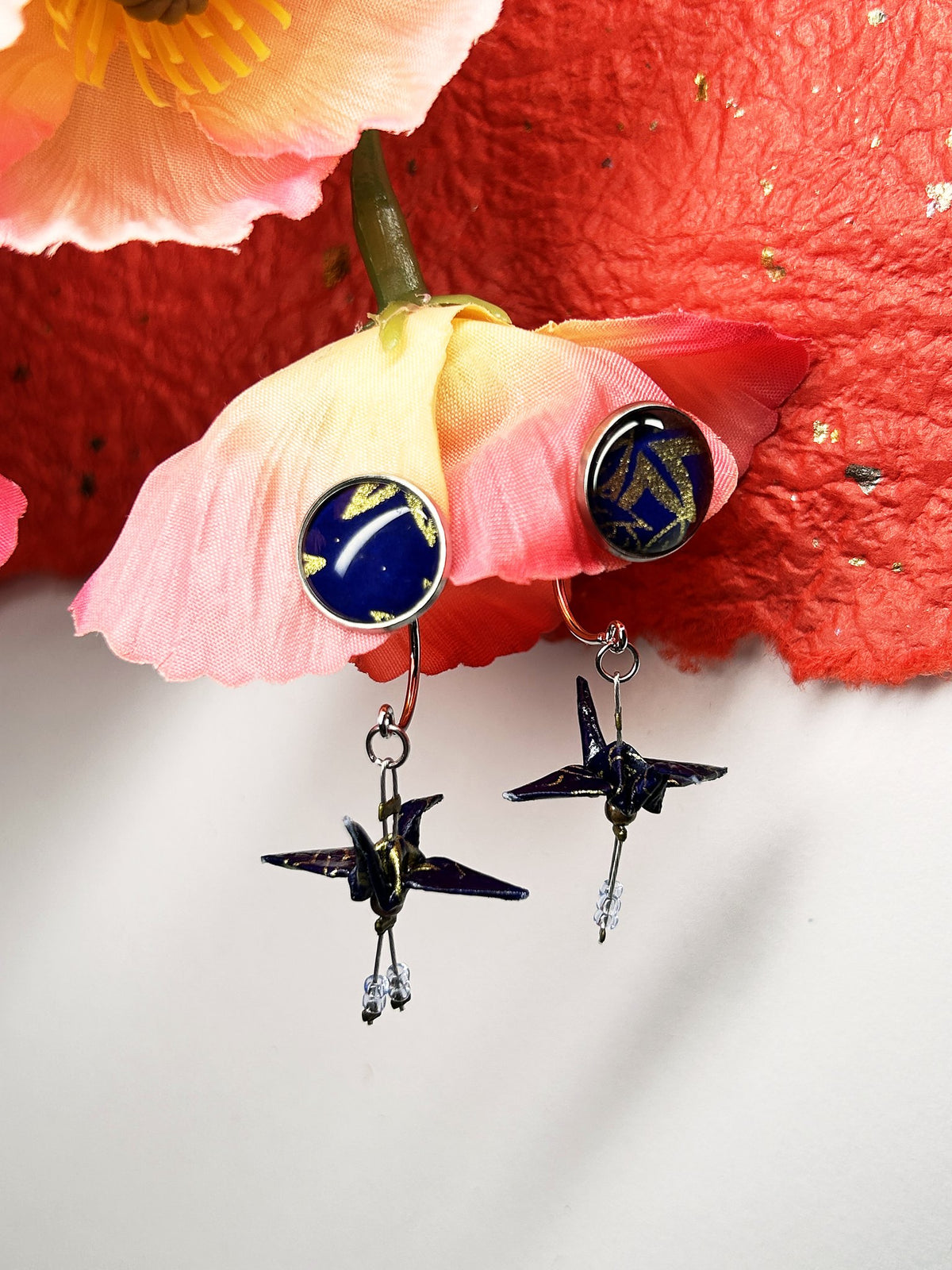 Crane & Cabochon Origami Earrings | Silver – Pattern 1, navy and gold