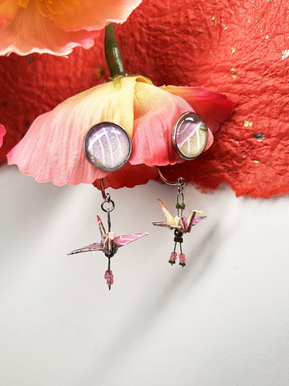 Crane & Cabochon Origami Earrings | Silver – Pattern 2, lilac-pink