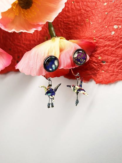 Crane & Cabochon Origami Earrings | Silver – Pattern 3, navy and cream